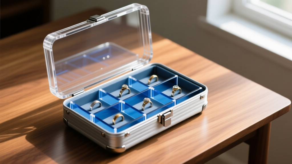Modular acrylic and aluminum travel case with compartments for daily rings, shot from a top-down perspective on a wooden desk.