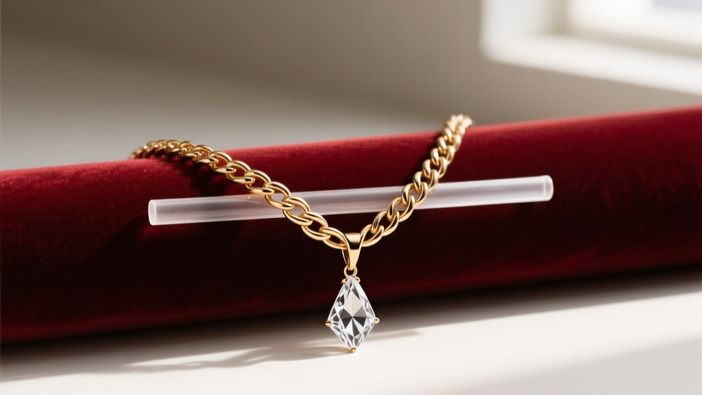 Chunky lariat necklace on velvet, Y-drop chain threaded through a short clear straw to prevent the delicate drop from kinking