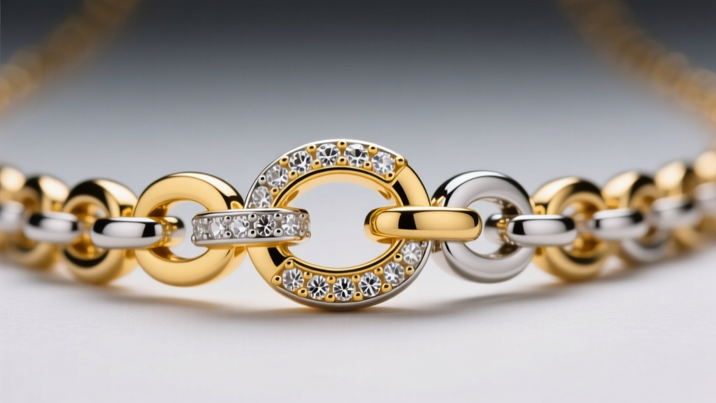 Macro shot of a mixed-metal necklace clasp, showing interlocking 14k yellow gold and platinum links under bright studio lighting
