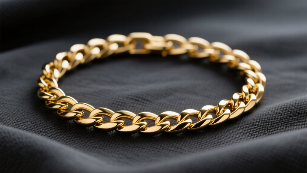 Flat-lay of a polished 14k yellow gold Z-link chain on dark charcoal linen, highlighting the interlocking zigzag metal links