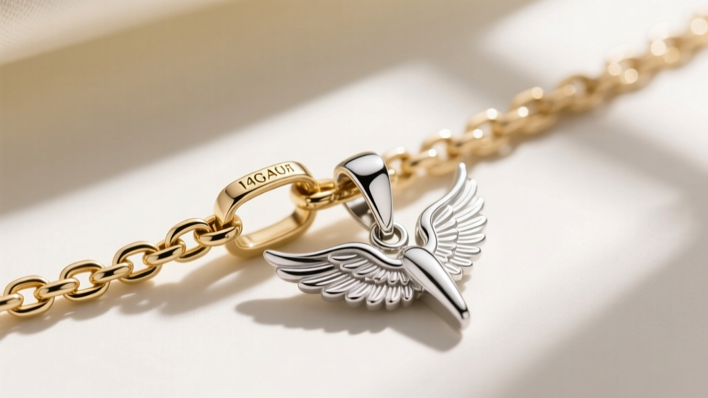 Macro shot of a 14k white gold box chain clasp and angel wing pendant bail, showing precise rhodium plating and laser hallmarks.