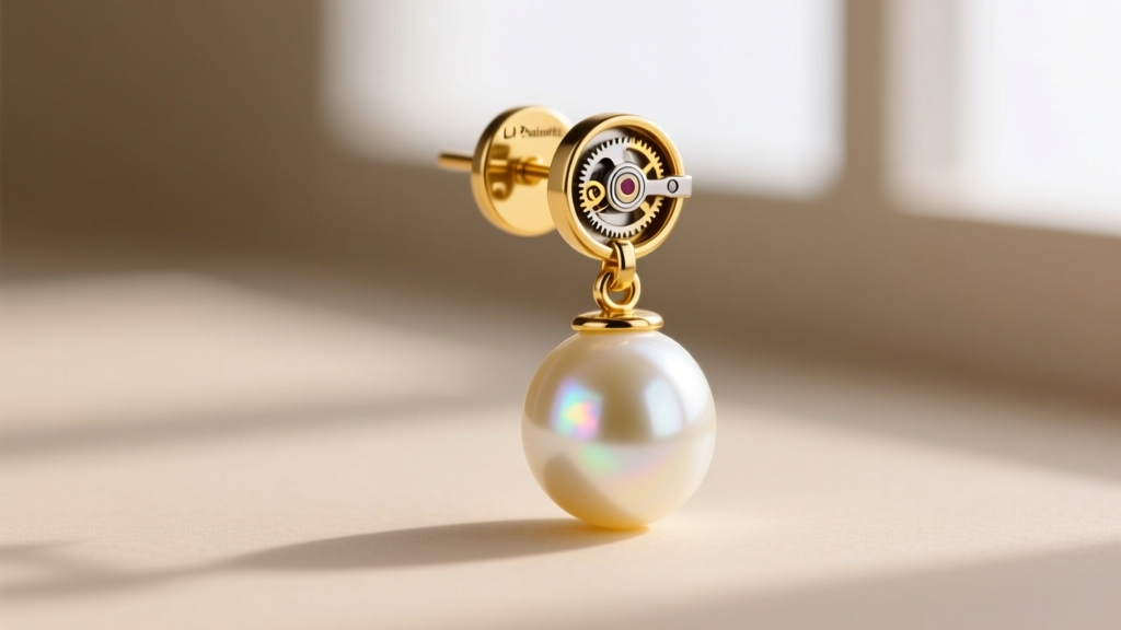 Macro focus on a La Pousette backing on a yellow gold pearl drop earring, showing the secure mechanical locking mechanism
