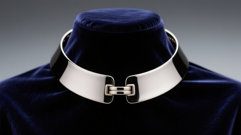Polished steel gorget necklace on dark velvet bust, showing rigid collar shape and front clasp under soft studio lighting.
