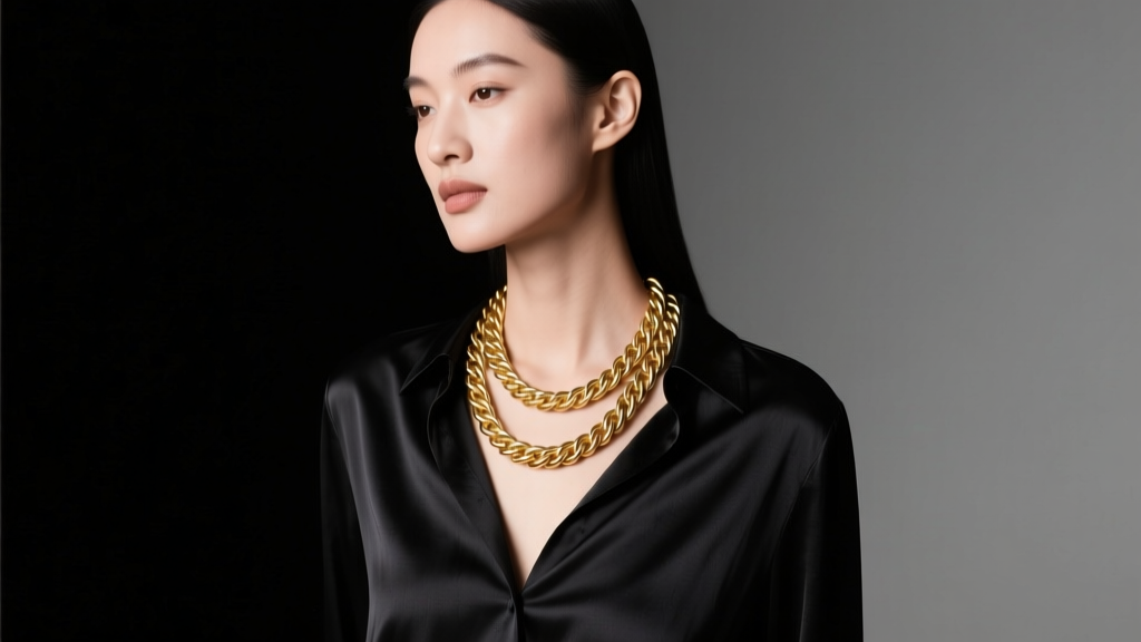 Model wearing a 67cm gold rope chain necklace on a black silk blouse, soft studio lighting highlighting the intricate chain links