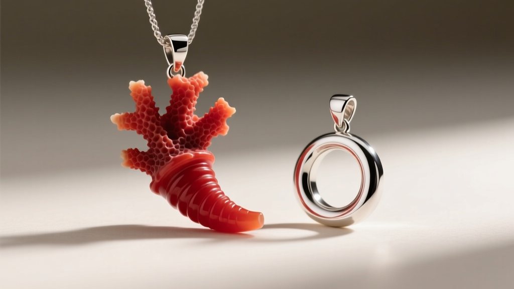 Macro photography of a deep red coral Italian horn pendant next to a sterling silver version, showing natural texture and polish.