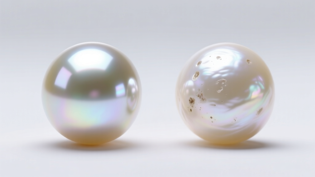 Macro shot comparing a blemished freshwater pearl next to a flawless Hanadama Akoya pearl with sharp mirror-like reflections.