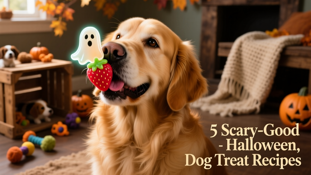 A golden retriever happily licking a strawberry ghost treat off its nose