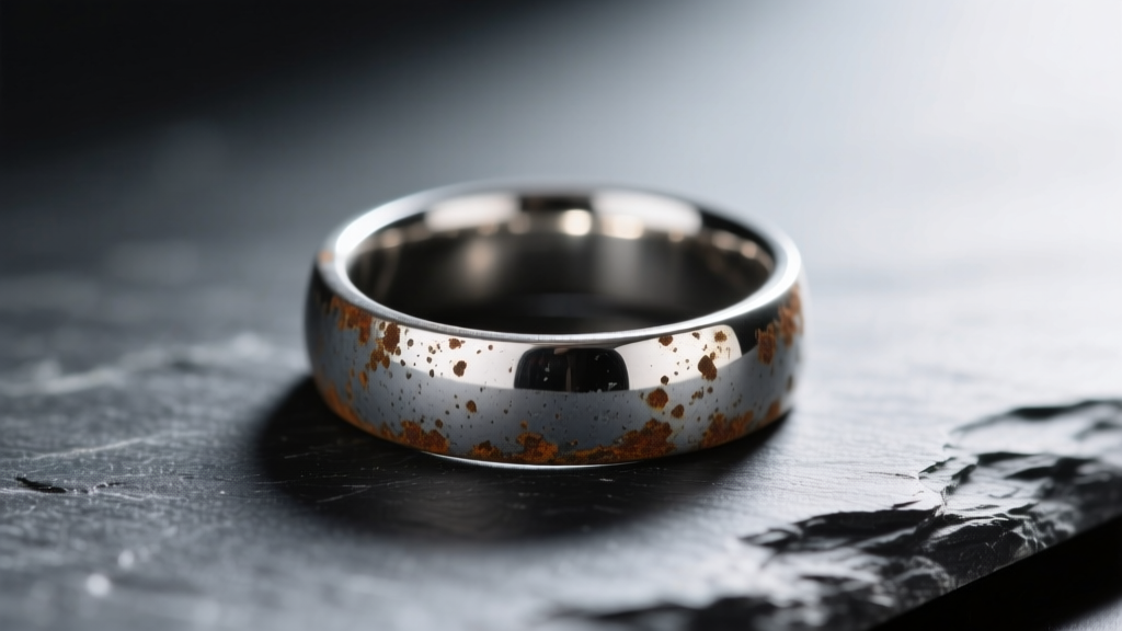 Macro shot of a tarnished zinc alloy ring on dark slate, showing dull gray oxidation spots next to a brightly polished section
