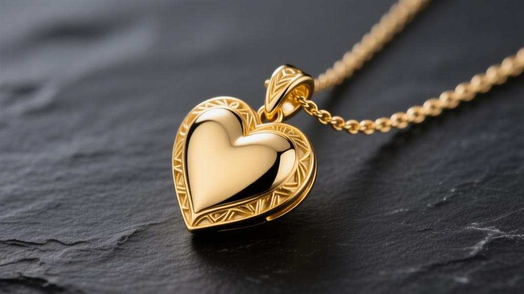 Polished 14k yellow gold heart pendant resting on a delicate cable chain, illuminated by soft studio lighting against dark slate.