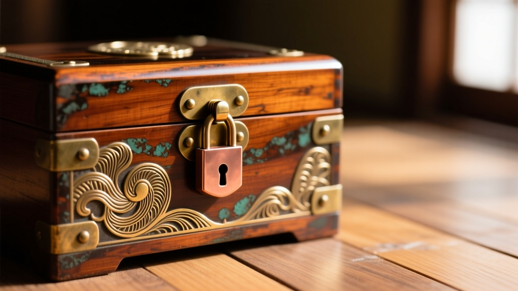 Macro shot of hand-chased brass kanamono hardware and a copper lock mechanism on a restored Taisho period wooden jewelry box