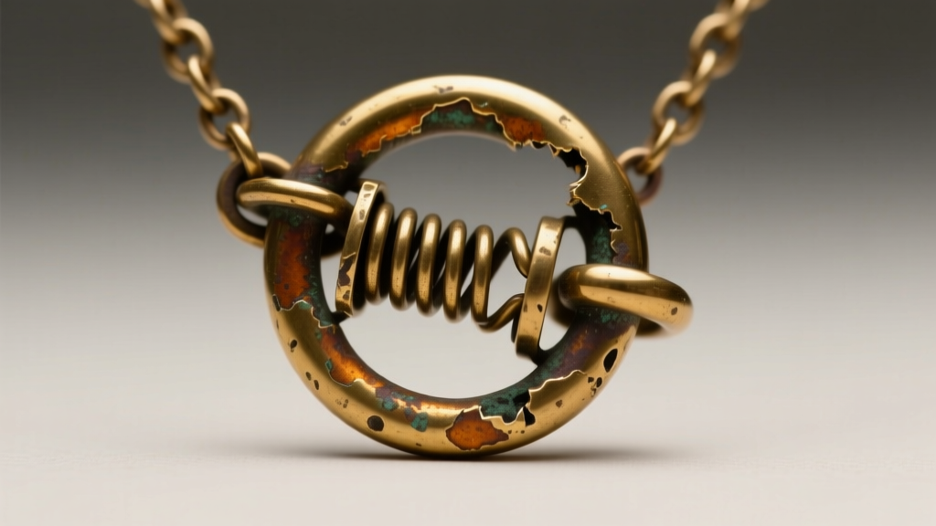 Close-up of a tarnished brass spring ring clasp failing to close on a necklace, highlighting the worn internal spring mechanism.