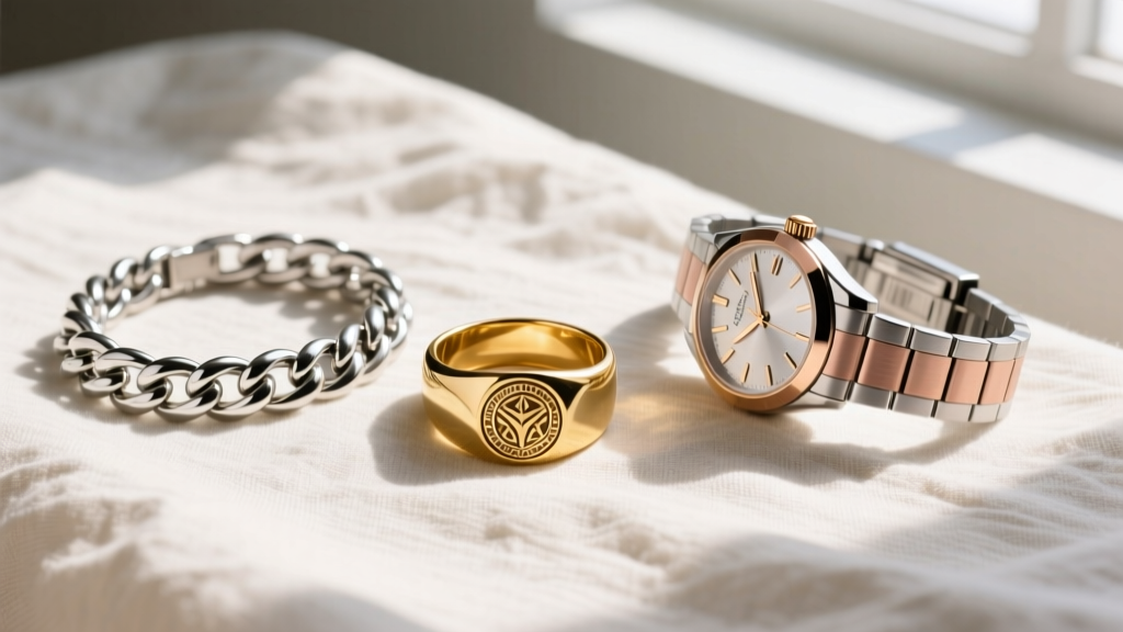 Flat lay of mixed-metal jewelry including a 14k gold signet ring, a sterling silver curb bracelet, and a two-tone watch on linen.