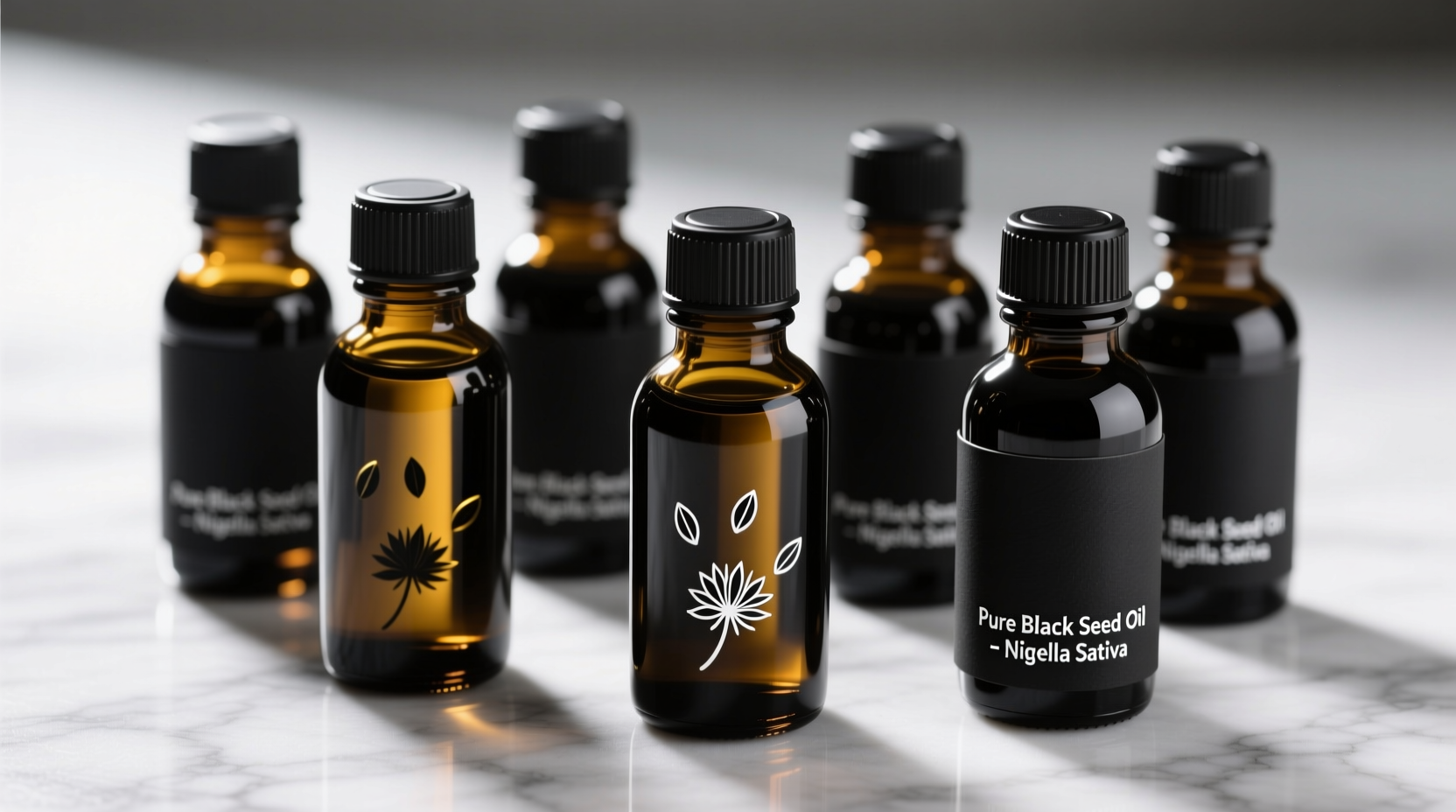 Dark glass bottles of pure black seed oil with Nigella sativa seeds