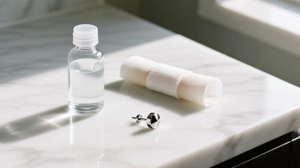 Sterile saline, gauze, and a titanium labret earring on a white marble counter, shot from above in soft natural window light.