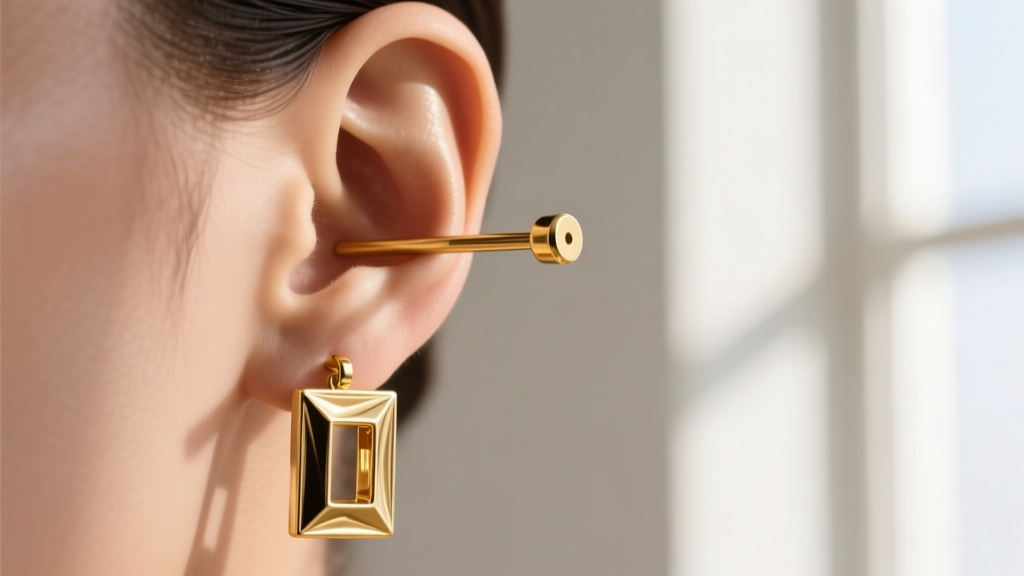 Close-up of an 18-gauge gold post with a jumbo silicone back, supporting a heavy gold rectangular drop earring on an earlobe