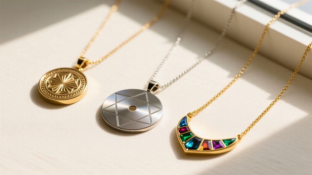 Flat lay comparing three photo necklaces: a brass projection pendant, a steel laser-engraved disc, and a solid gold enamel piece.