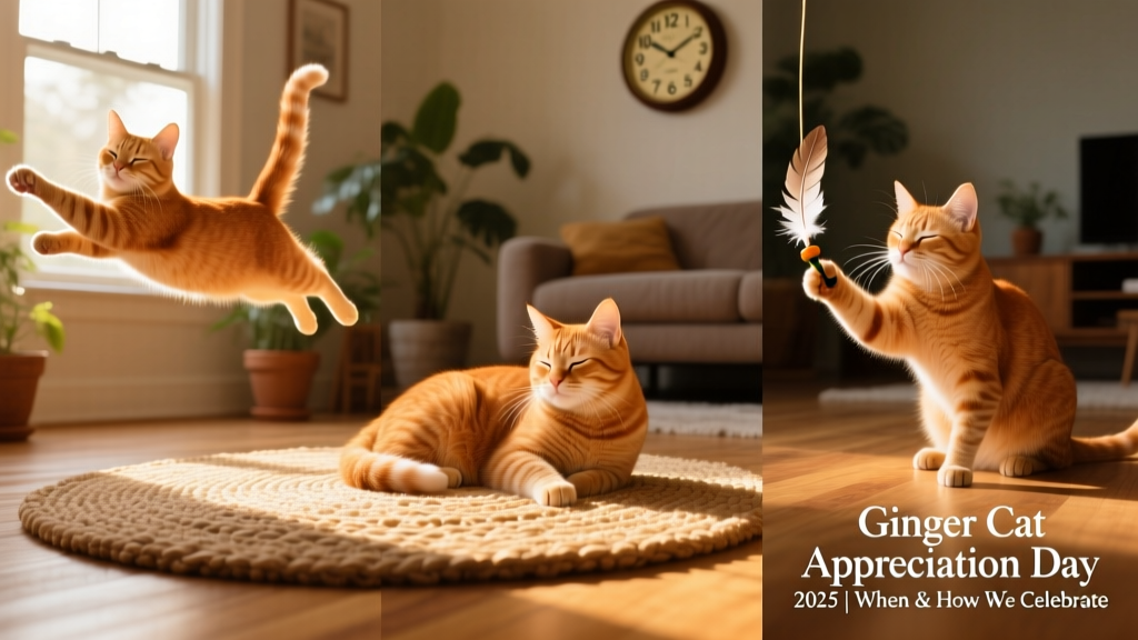 A collage of three ginger cats in different poses: one stretching, one napping in a sunbeam, and one gently batting at a feather toy