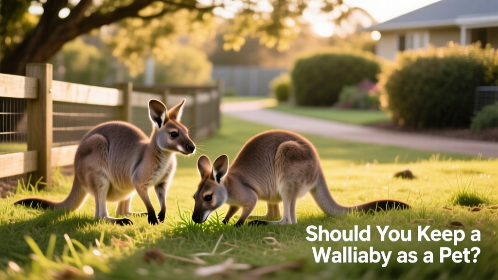 Two wallabies grazing side-by-side in a sunlit, grassy enclosure with low fencing