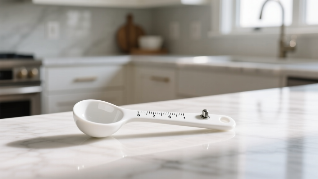 Close-up of a white adjustable measuring spoon locked at the one tablespoon measurement mark on a marble countertop