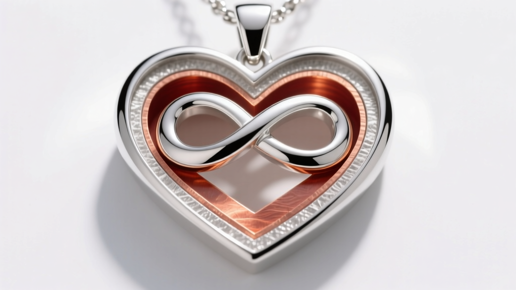 Cross-section diagram style render of a rhodium-plated sterling silver infinity heart pendant showing the copper core and plating layers.