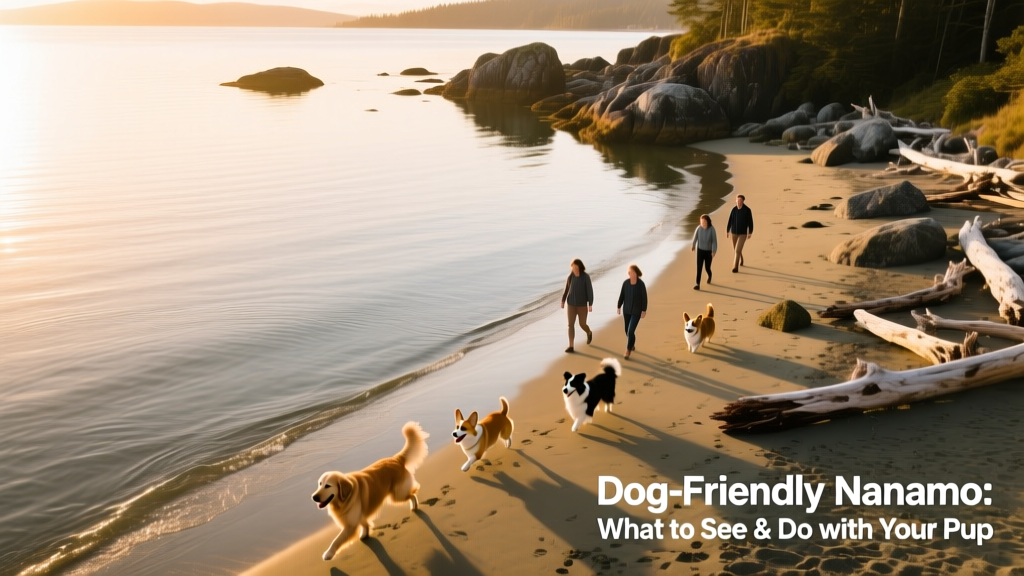Aerial view of Departure Bay Beach with calm water, rocky shoreline, and people walking dogs along the coast