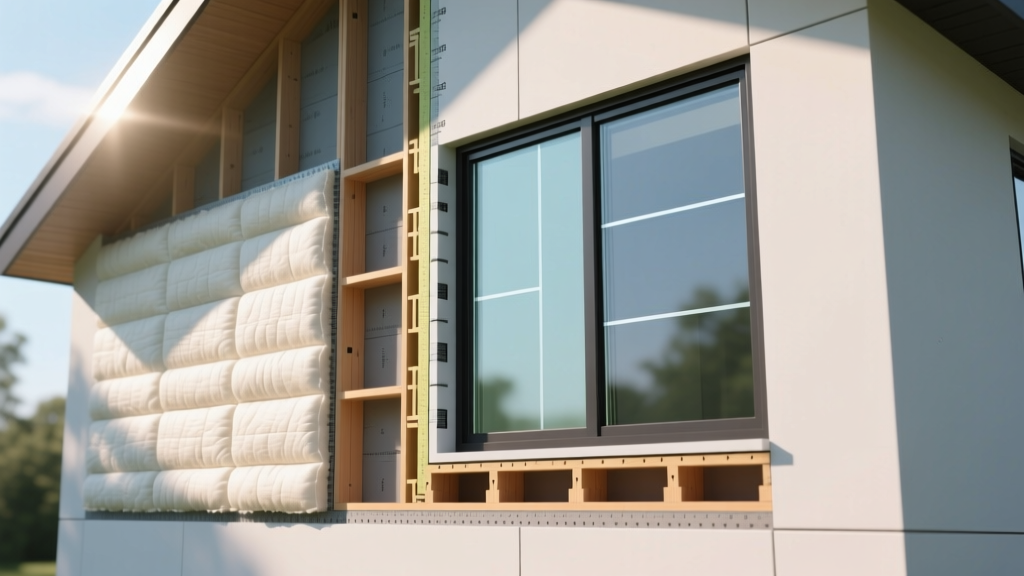 Cross-section of energy-efficient home wall showing continuous exterior insulation, advanced framing, and triple-pane window