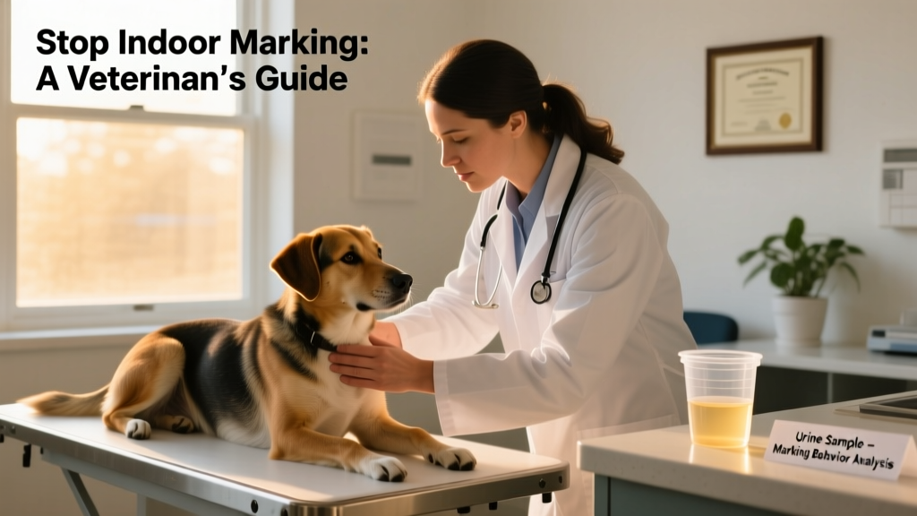 A veterinarian examining a dog during a wellness check, with a urine sample cup visible nearby