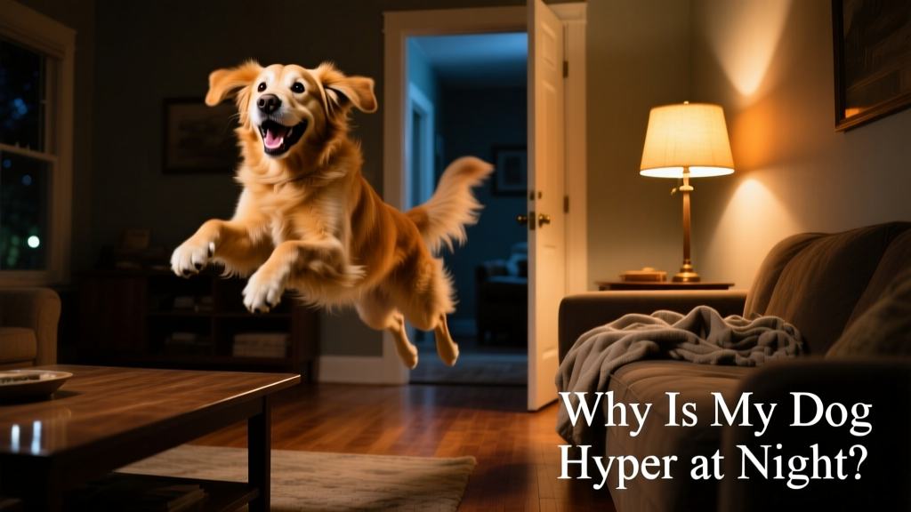 A dog mid-zoomie, running joyfully through a dimly lit living room at night