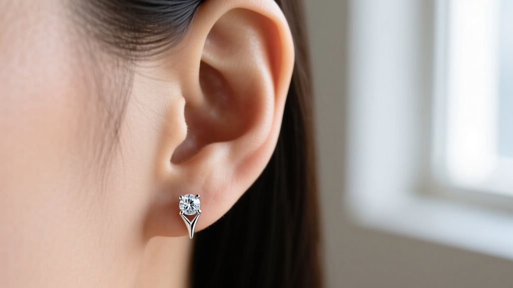 Close-up of an earlobe wearing .25 carat diamond stud earrings in a white gold martini setting under soft natural daylight