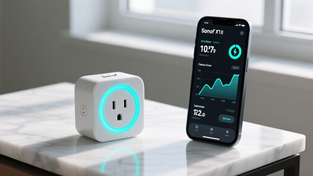 Close-up of a Sonoff smart plug displaying real-time energy monitoring data on a smartphone app screen with a glowing LED ring.