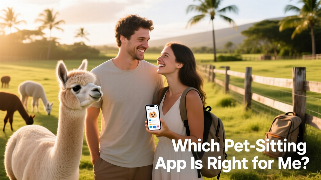 Two sitters, Lucas and Silvi, smiling beside friendly alpacas on a Hawaiian farm
