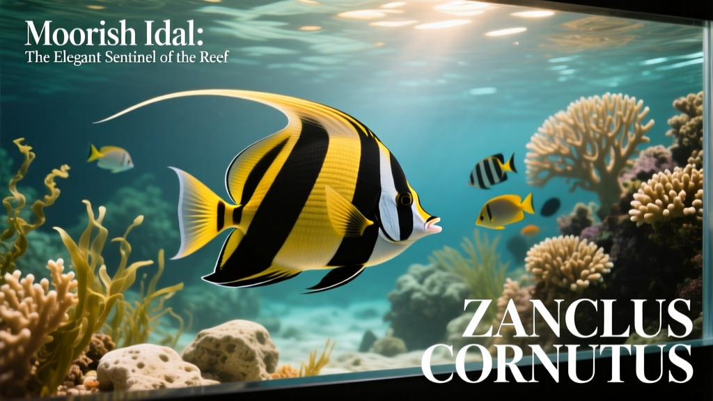 Moorish idol swimming gracefully in a vibrant reef aquarium