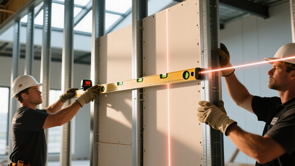 Commercial framing crew installing 5/8-inch Type X fire-rated drywall gypsum boards on steel studs with laser level alignment