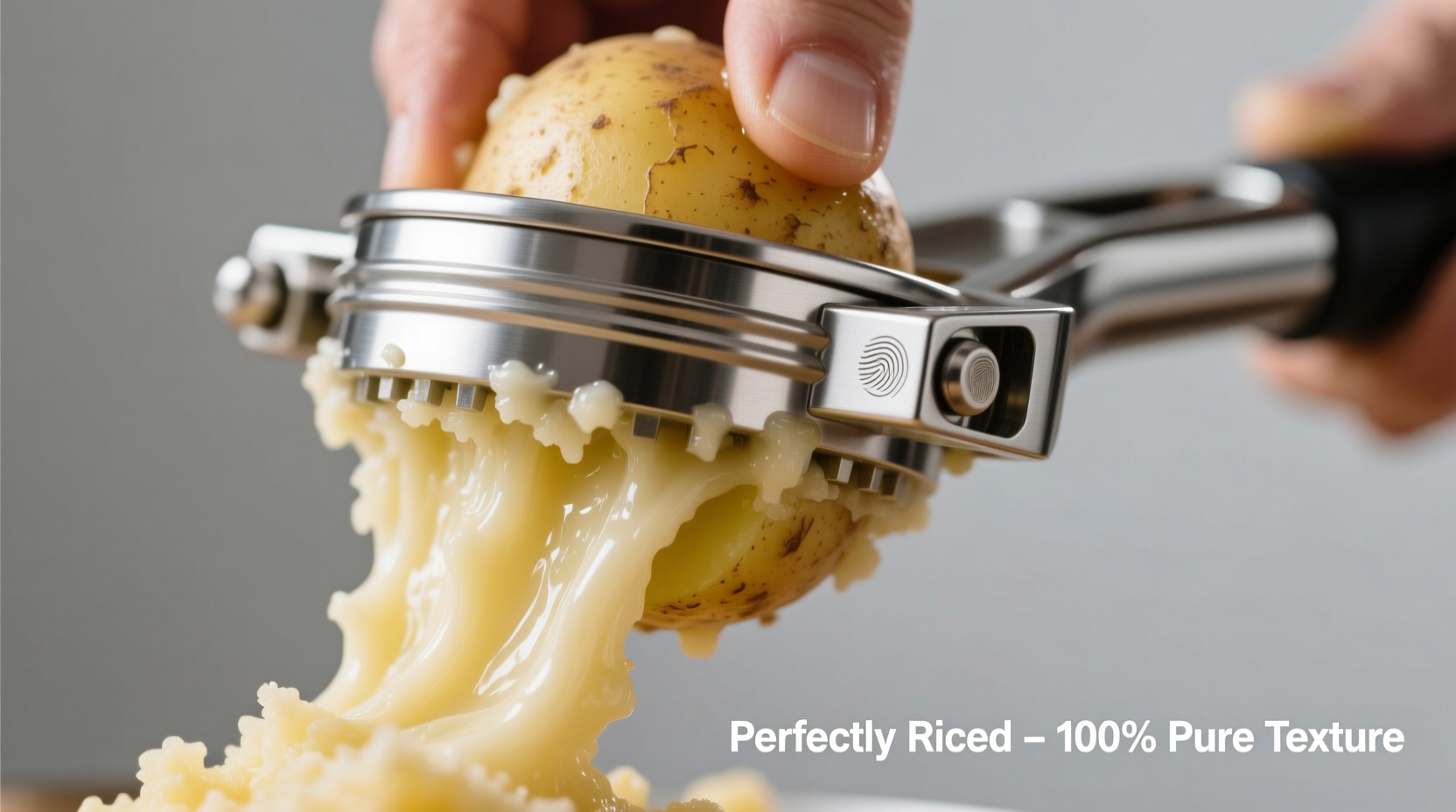 Stainless steel potato ricer pressing cooked potatoes