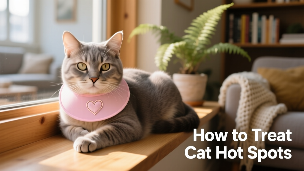 Cat wearing a soft, pink recovery collar while resting calmly