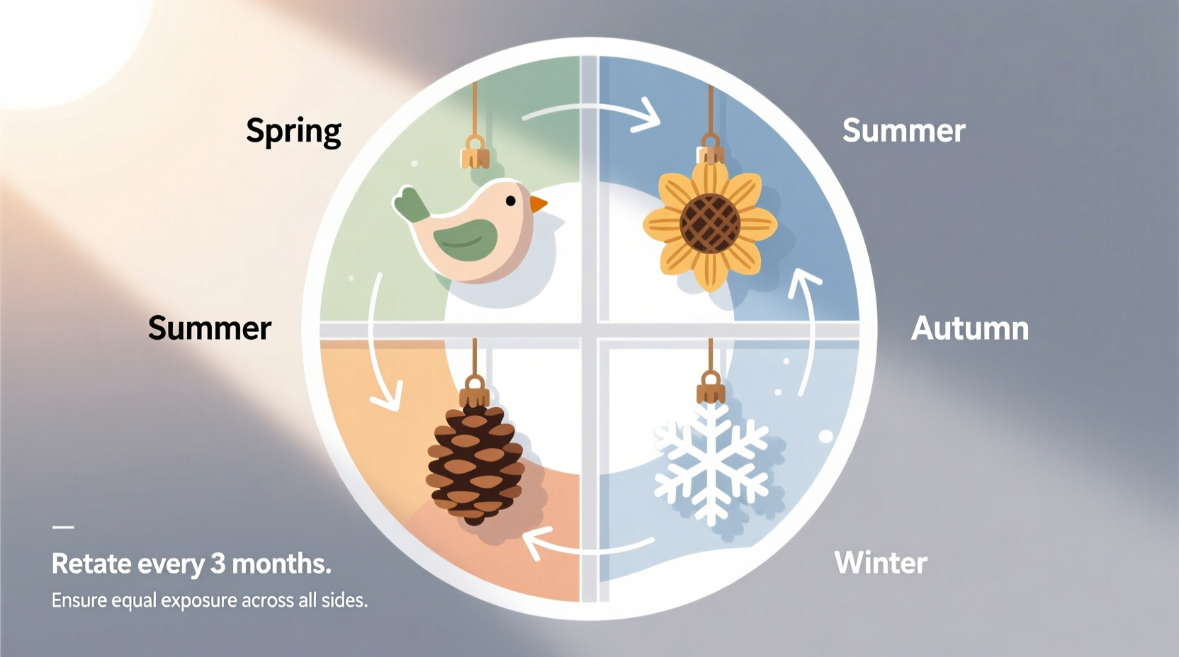 how to rotate ornaments seasonally so none fade unevenly from window light exposure