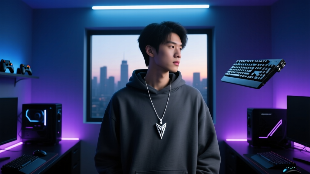 Gamer wearing a subtle, minimalist sterling silver Raiden amulet necklace over a dark grey hoodie in a dimly lit RGB gaming room