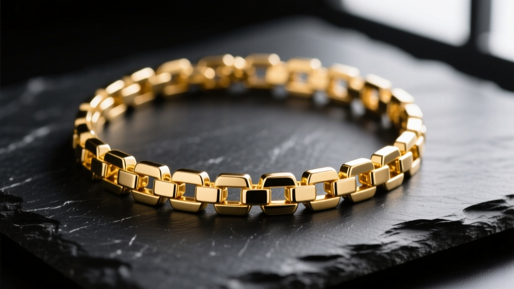 Macro photo of a polished 14k gold boxed chain necklace on black slate, showing crisp square links and bright reflections.