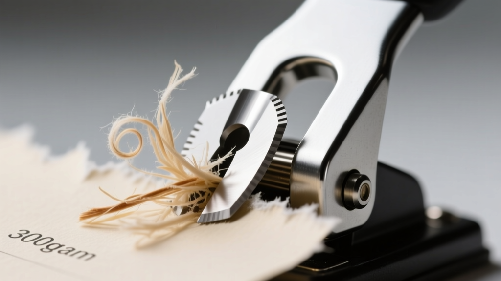 Macro shot of a jammed single-hole paper punch with torn 300gsm cotton paper fibers stuck inside the steel cutting blade edge.