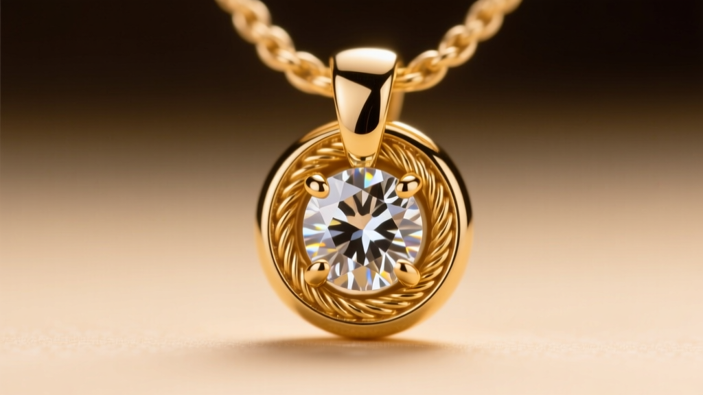 Extreme macro of a hidden diamond bail on a gold pendant, revealing internal threading and a flawless high-polish metal finish.