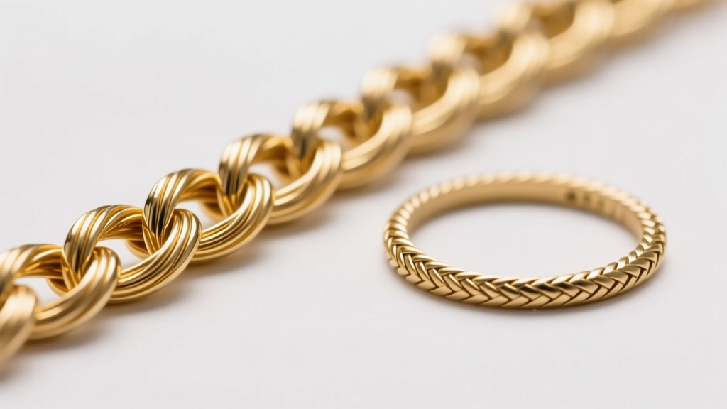 Macro shot of an 18-gauge gold cable chain link structure next to a flat 2.5mm herringbone chain under bright studio lighting.