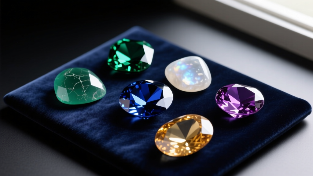 Flat lay of five interchangeable gemstone inserts including sapphire, emerald, and moonstone, resting on a dark velvet pad.