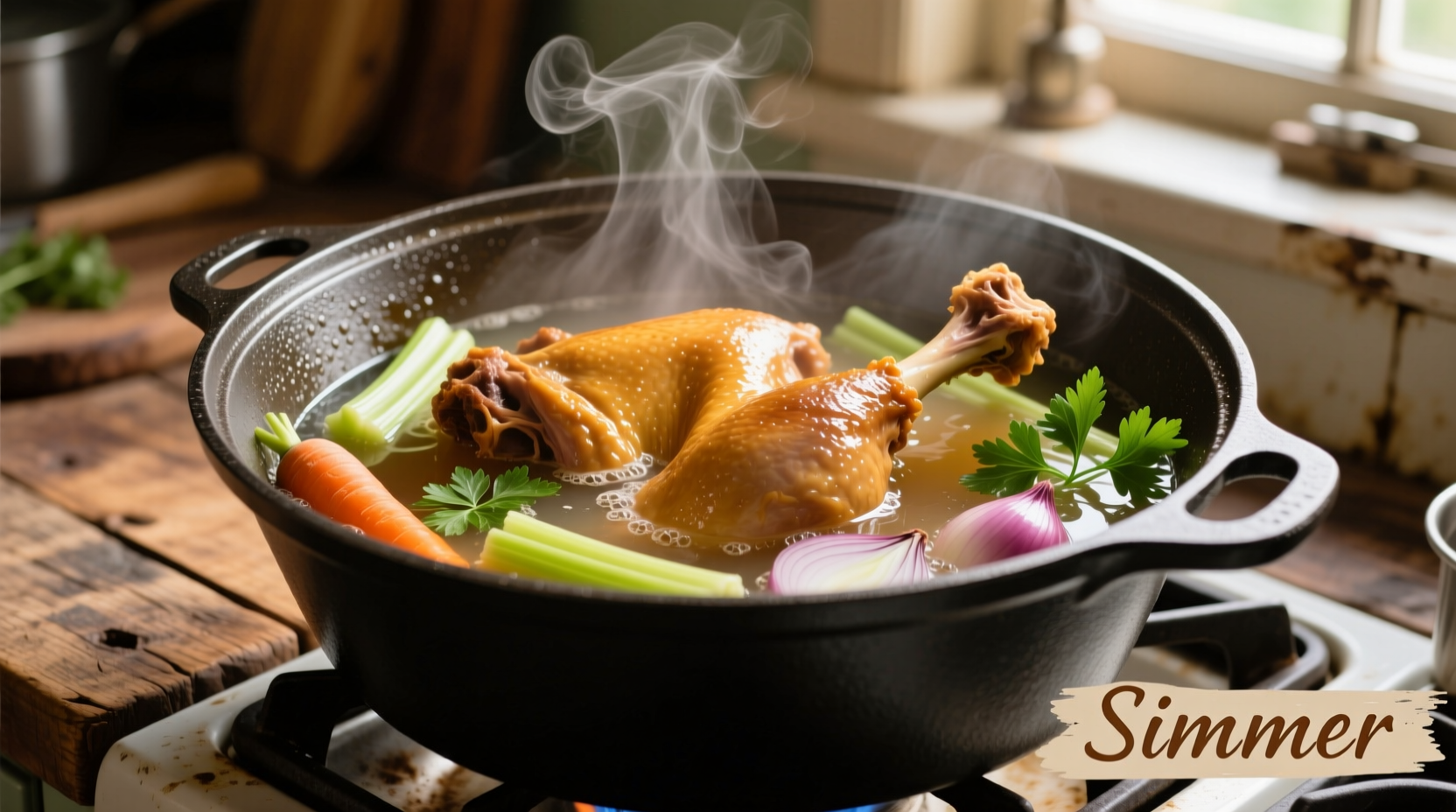 Simmering turkey necks in a pot with vegetables