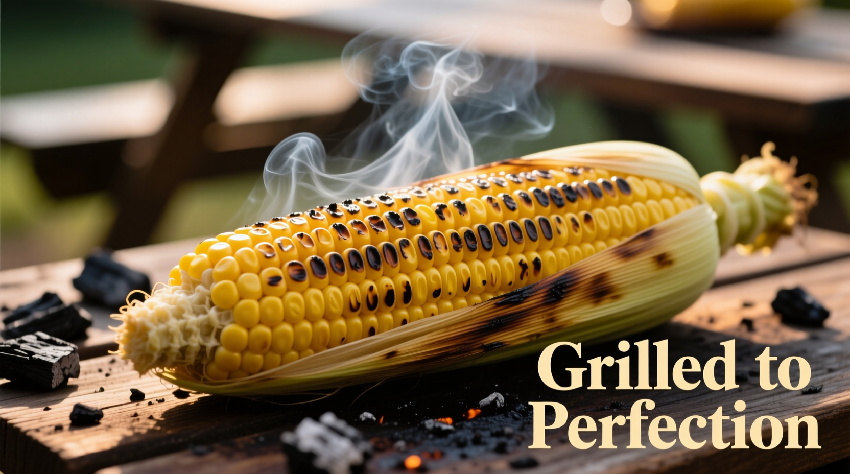 Freshly grilled corn with char marks on cob