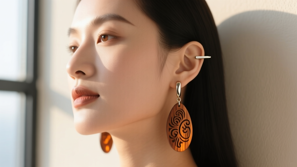 Woman wearing carved teak drop earrings, showing a 16-gauge titanium ear wire resting securely against her skin in natural light.