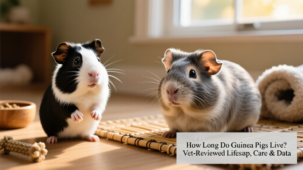 Side-by-side comparison showing a young guinea pig with bright eyes and shiny coat versus an older one with calmer demeanor and slightly grayer fur