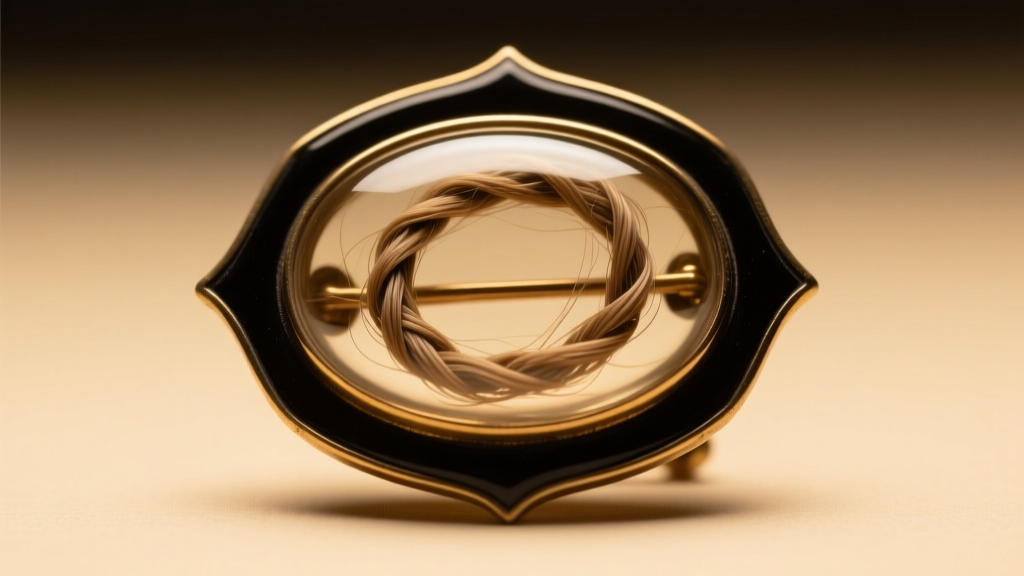 Detailed macro shot of a Victorian mourning brooch showing woven hair under glass and black enamel borders in warm studio light.