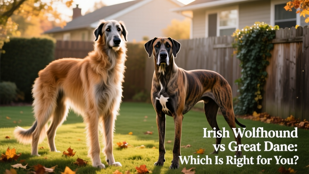 Side-by-side comparison of an Irish Wolfhound and a Great Dane standing calmly in a sunlit backyard
