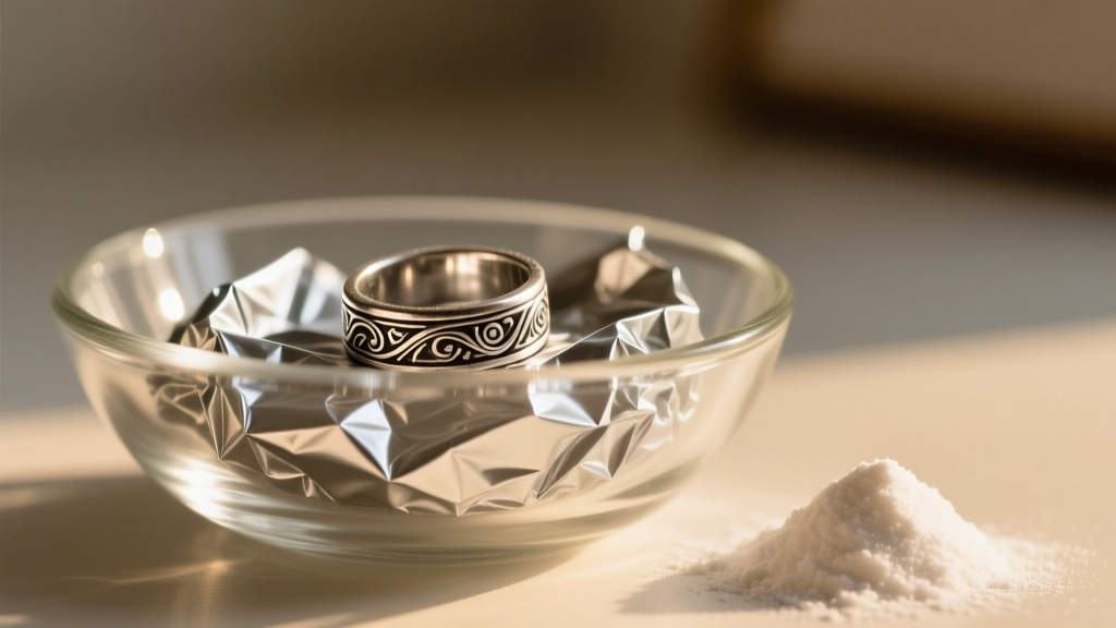 Tarnished sterling silver ring resting on crumpled aluminum foil inside a glass bowl with baking soda nearby, warm lighting.