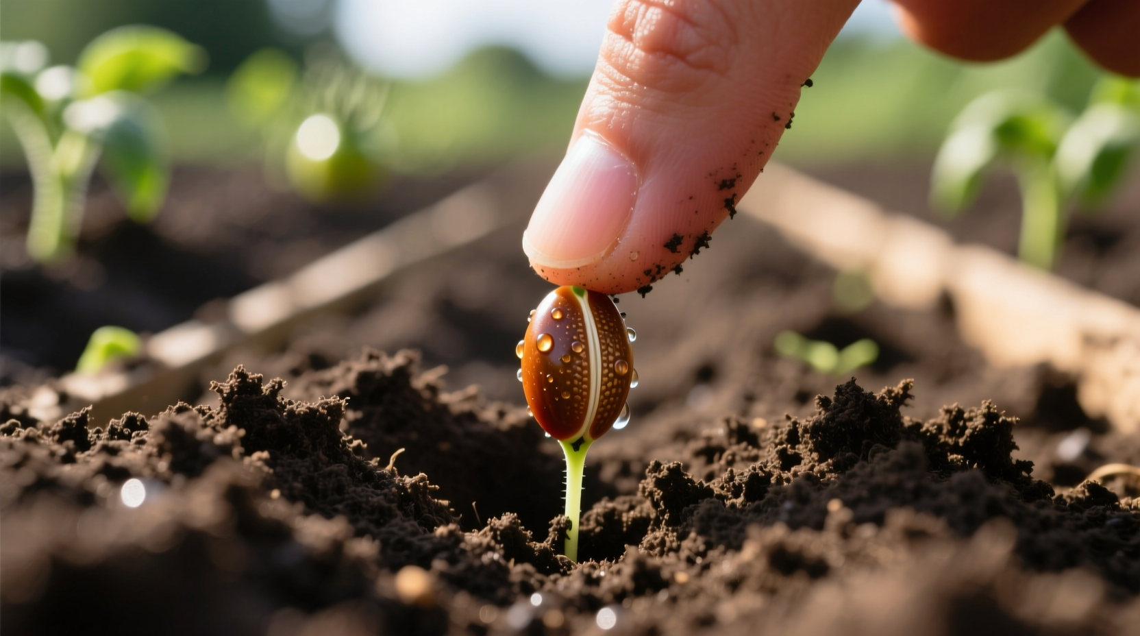 Close-up of tomato seed being planted at proper depth